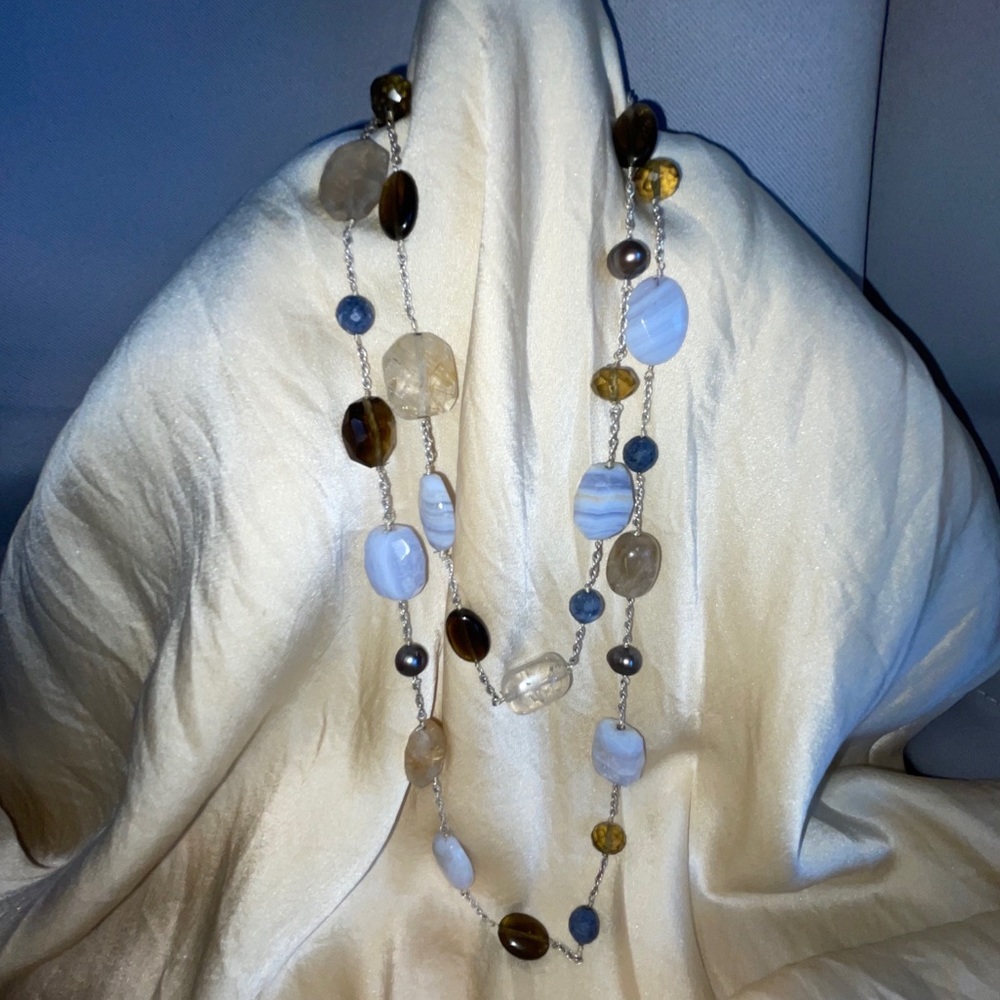 Long Layering Gemstone and Silver Necklace
